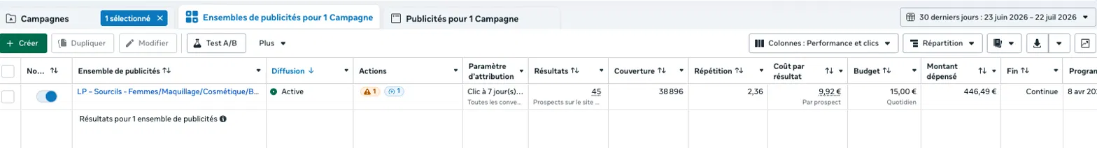 Tableau Meta Ads montrant 45 prospects qualifiés générés à 9,92 € pour un centre esthétique