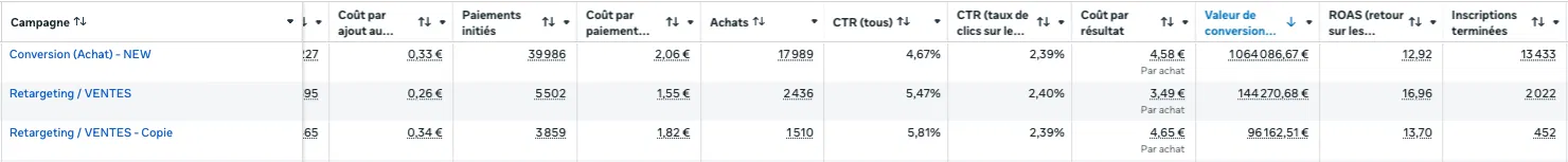 Tableau Meta Ads montrant trois campagnes e-commerce avec un ROAS entre 12,92 et 16,96 et plus de 1,3 million d'euros de valeur de conversion cumulée